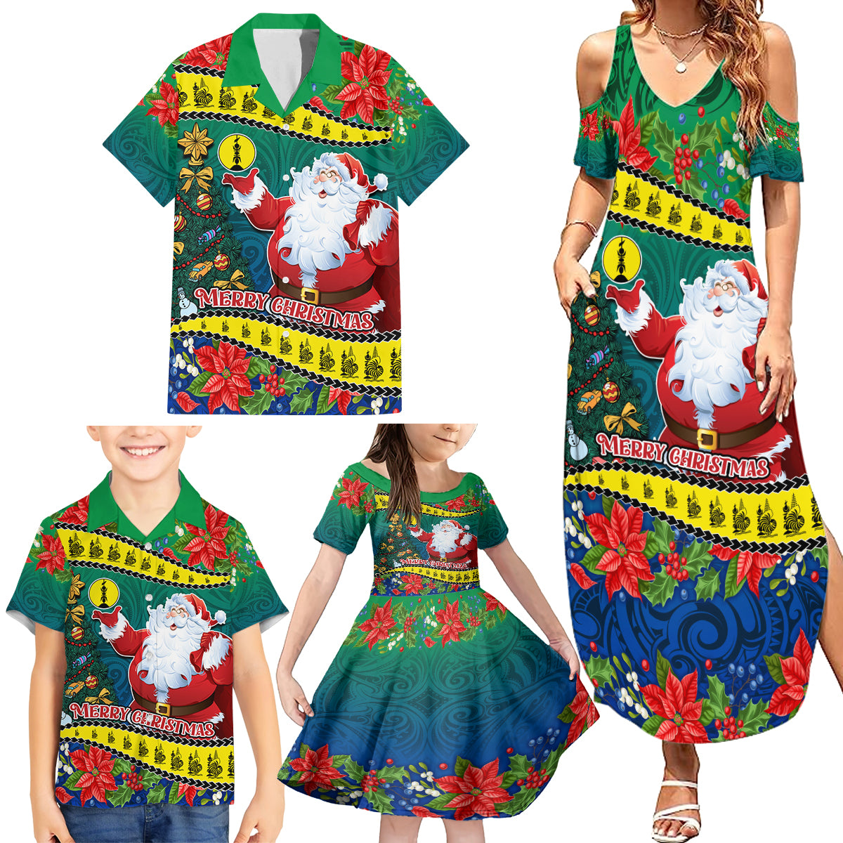 New Caledonia Christmas Family Matching Summer Maxi Dress and Hawaiian Shirt Santa Claus and Kanak Flag Mix Poinsettia Maori Pattern LT03 - Polynesian Pride