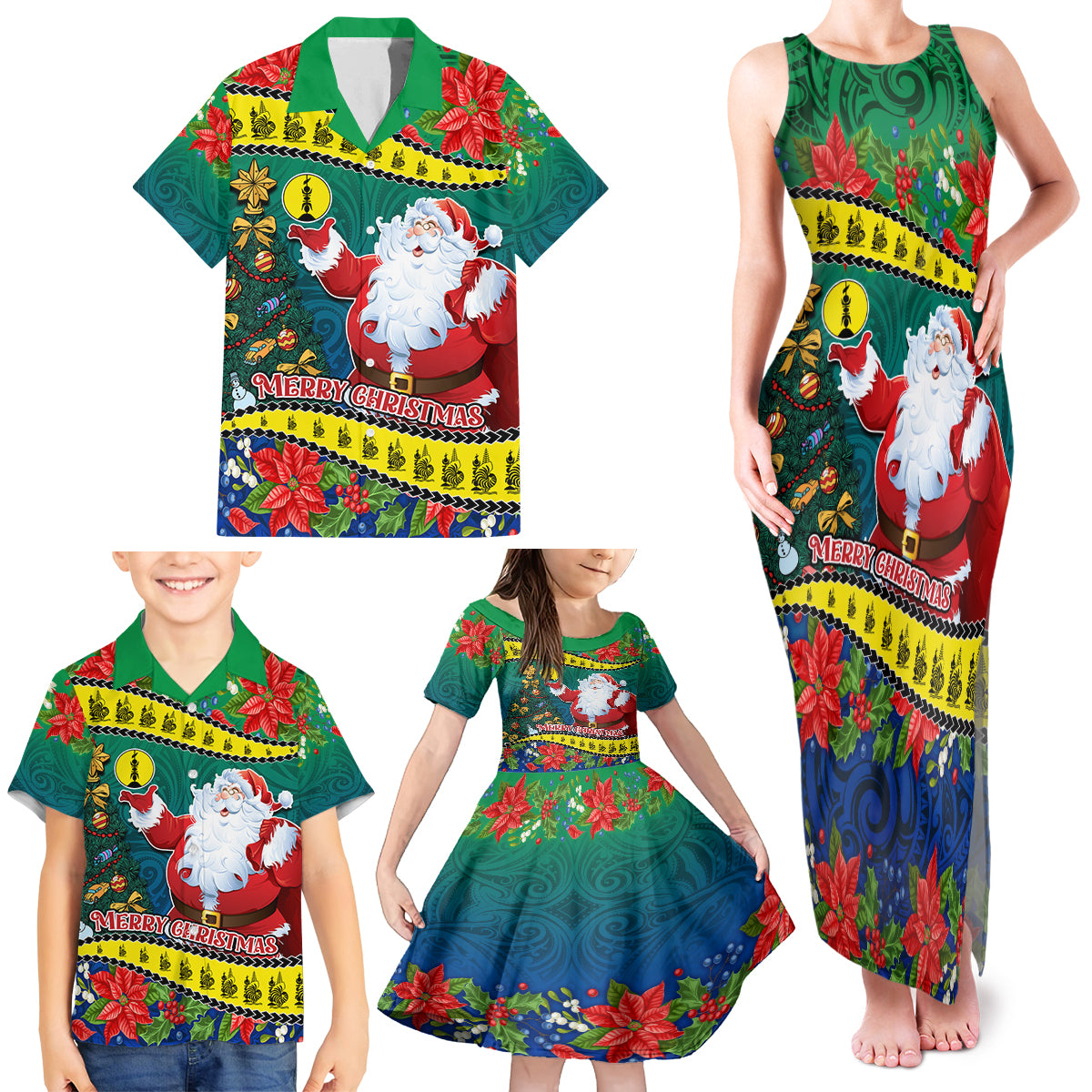 New Caledonia Christmas Family Matching Tank Maxi Dress and Hawaiian Shirt Santa Claus and Kanak Flag Mix Poinsettia Maori Pattern LT03 - Polynesian Pride