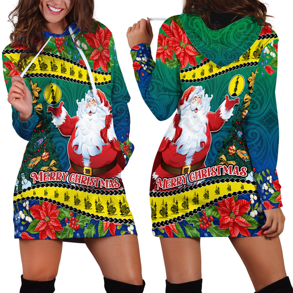 New Caledonia Christmas Hoodie Dress Santa Claus and Kanak Flag Mix Poinsettia Maori Pattern LT03 - Polynesian Pride