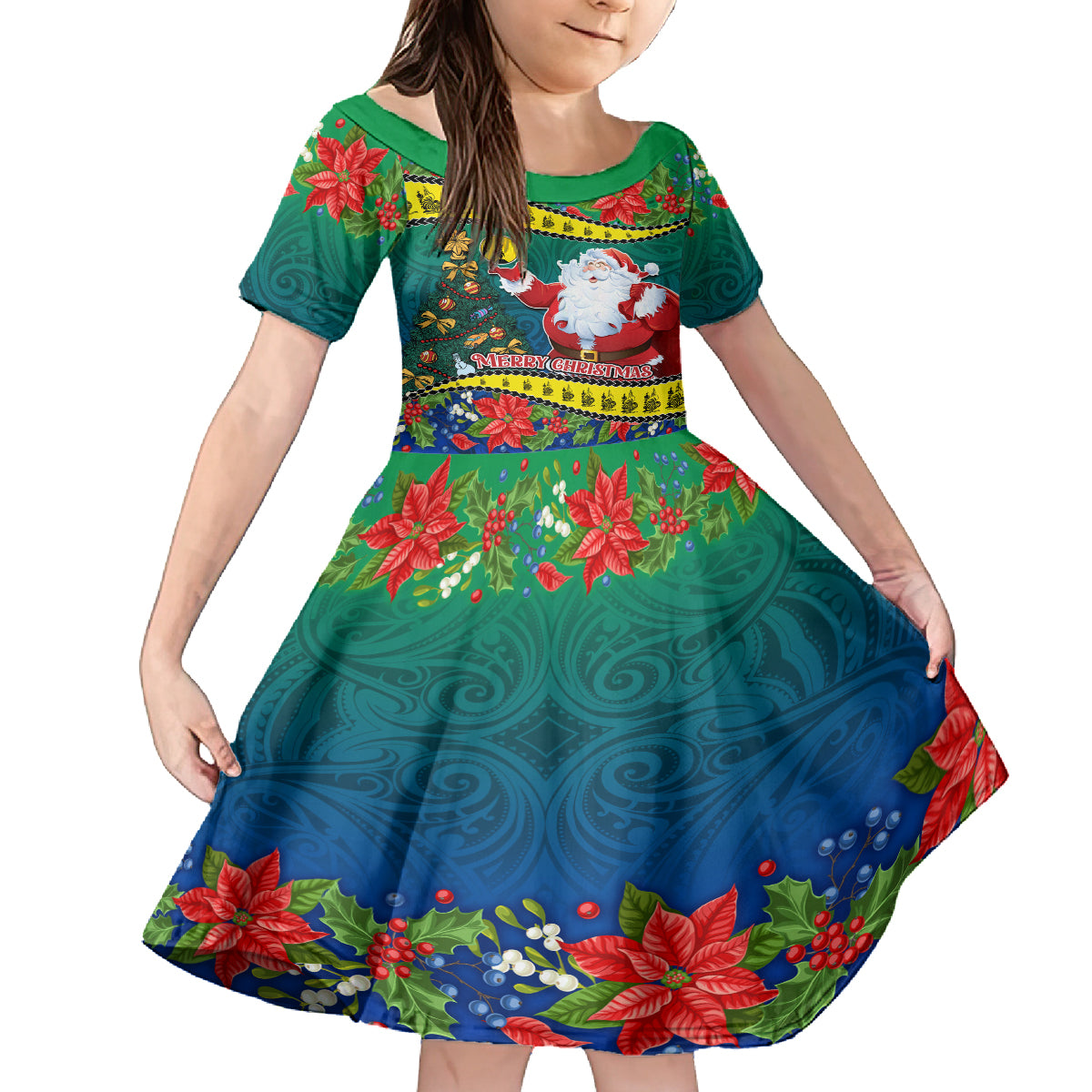 New Caledonia Christmas Kid Short Sleeve Dress Santa Claus and Kanak Flag Mix Poinsettia Maori Pattern LT03 KID Green - Polynesian Pride