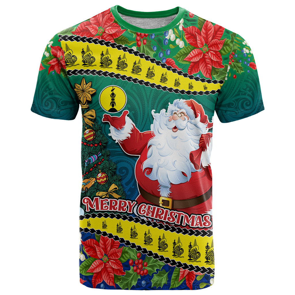New Caledonia Christmas T Shirt Santa Claus and Kanak Flag Mix Poinsettia Maori Pattern LT03 Green - Polynesian Pride