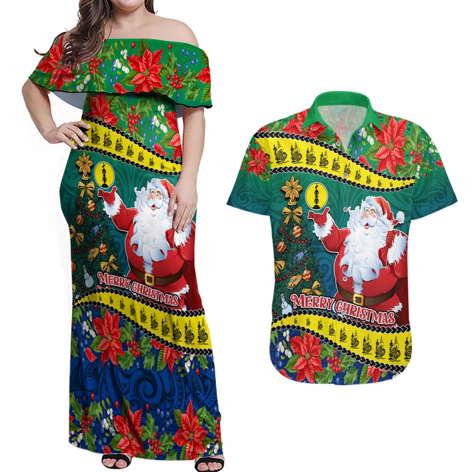 Personalised New Caledonia Christmas Couples Matching Off Shoulder Maxi Dress and Hawaiian Shirt Santa Claus and Kanak Flag Mix Poinsettia Maori Pattern LT03 Green - Polynesian Pride