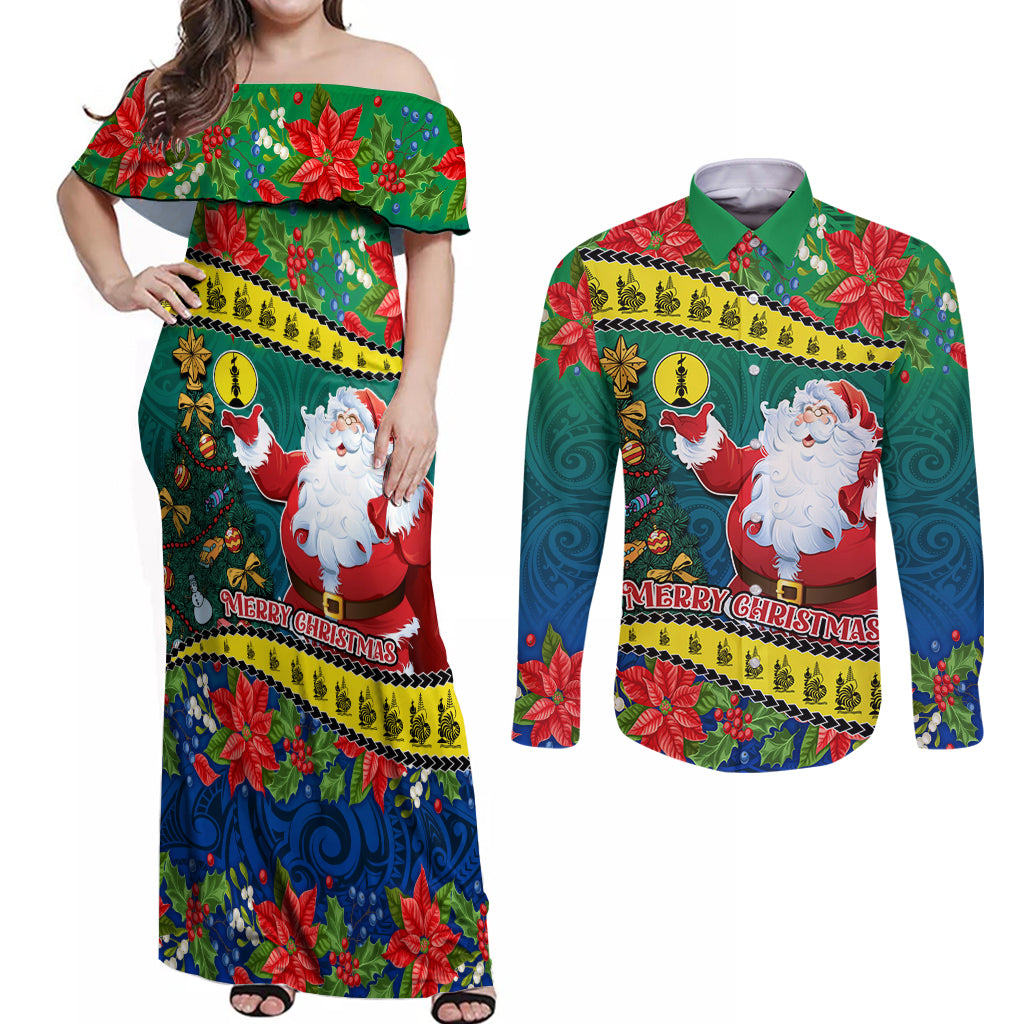 Personalised New Caledonia Christmas Couples Matching Off Shoulder Maxi Dress and Long Sleeve Button Shirt Santa Claus and Kanak Flag Mix Poinsettia Maori Pattern LT03 Green - Polynesian Pride