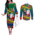 Personalised New Caledonia Christmas Couples Matching Off The Shoulder Long Sleeve Dress and Long Sleeve Button Shirt Santa Claus and Kanak Flag Mix Poinsettia Maori Pattern LT03 Green - Polynesian Pride
