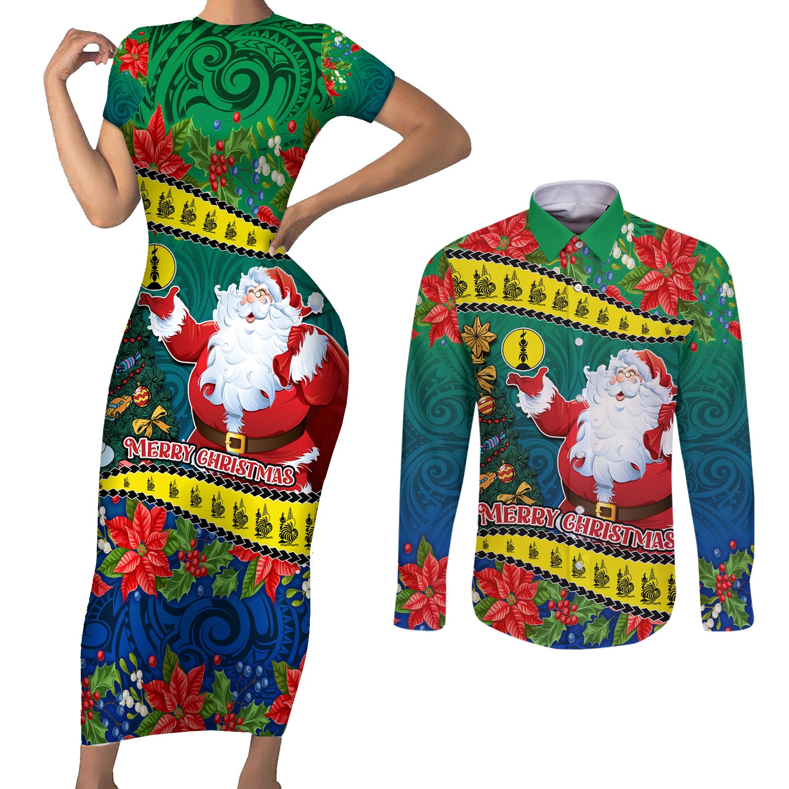 Personalised New Caledonia Christmas Couples Matching Short Sleeve Bodycon Dress and Long Sleeve Button Shirt Santa Claus and Kanak Flag Mix Poinsettia Maori Pattern LT03 Green - Polynesian Pride