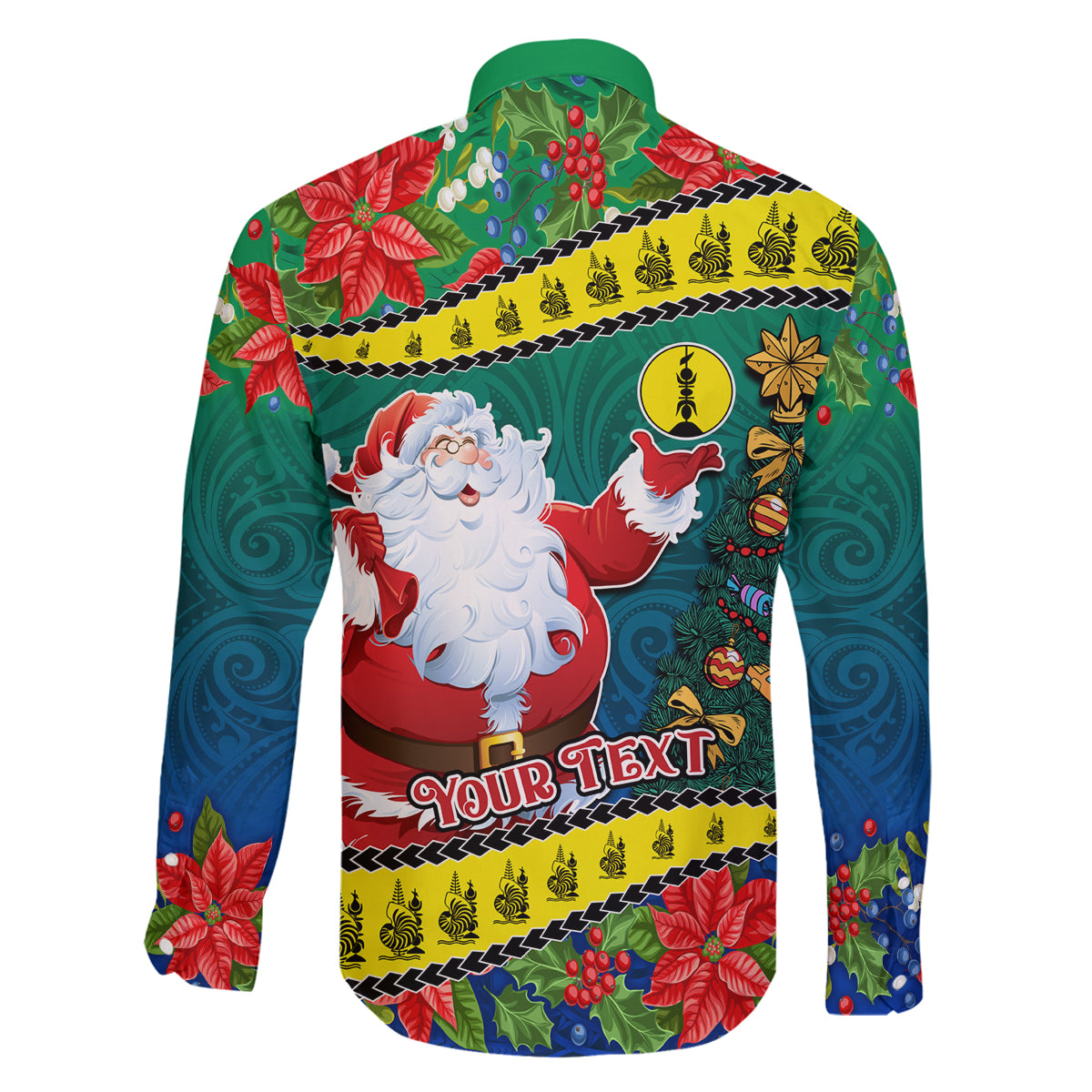 Personalised New Caledonia Christmas Family Matching Long Sleeve Bodycon Dress and Hawaiian Shirt Santa Claus and Kanak Flag Mix Poinsettia Maori Pattern LT03 - Polynesian Pride