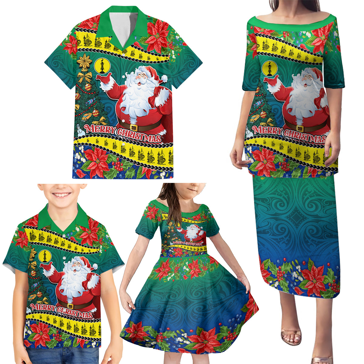 Personalised New Caledonia Christmas Family Matching Puletasi Dress and Hawaiian Shirt Santa Claus and Kanak Flag Mix Poinsettia Maori Pattern LT03 - Polynesian Pride