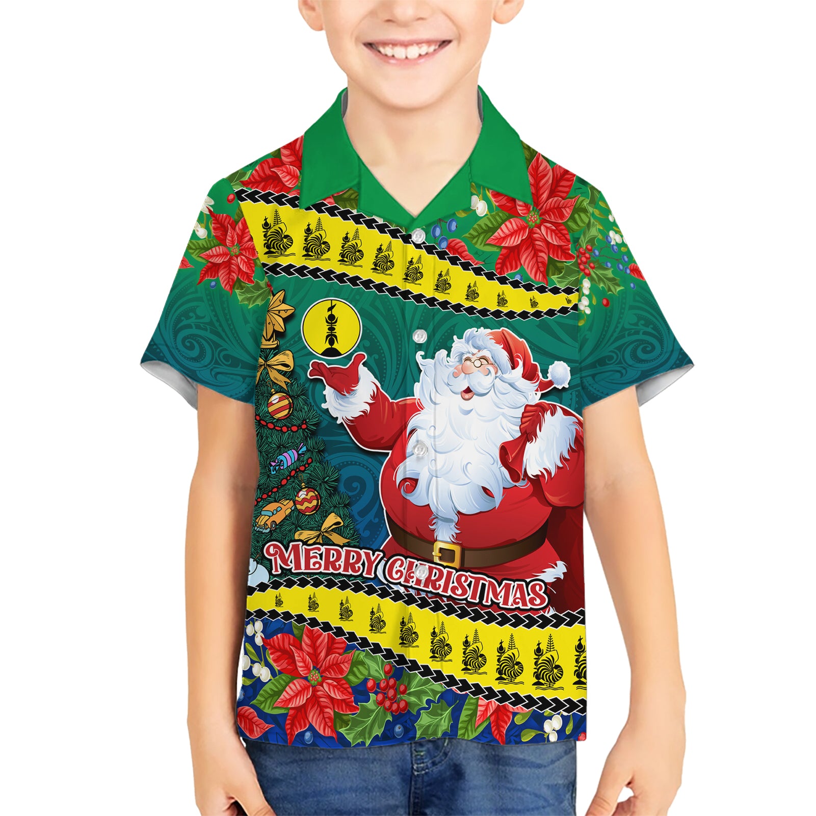 Personalised New Caledonia Christmas Kid Hawaiian Shirt Santa Claus and Kanak Flag Mix Poinsettia Maori Pattern LT03 Kid Green - Polynesian Pride