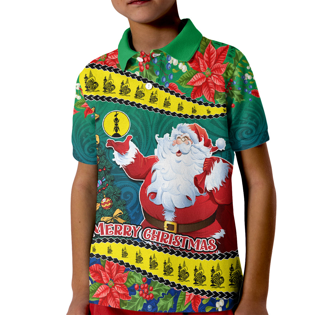 Personalised New Caledonia Christmas Kid Polo Shirt Santa Claus and Kanak Flag Mix Poinsettia Maori Pattern LT03 Kid Green - Polynesian Pride