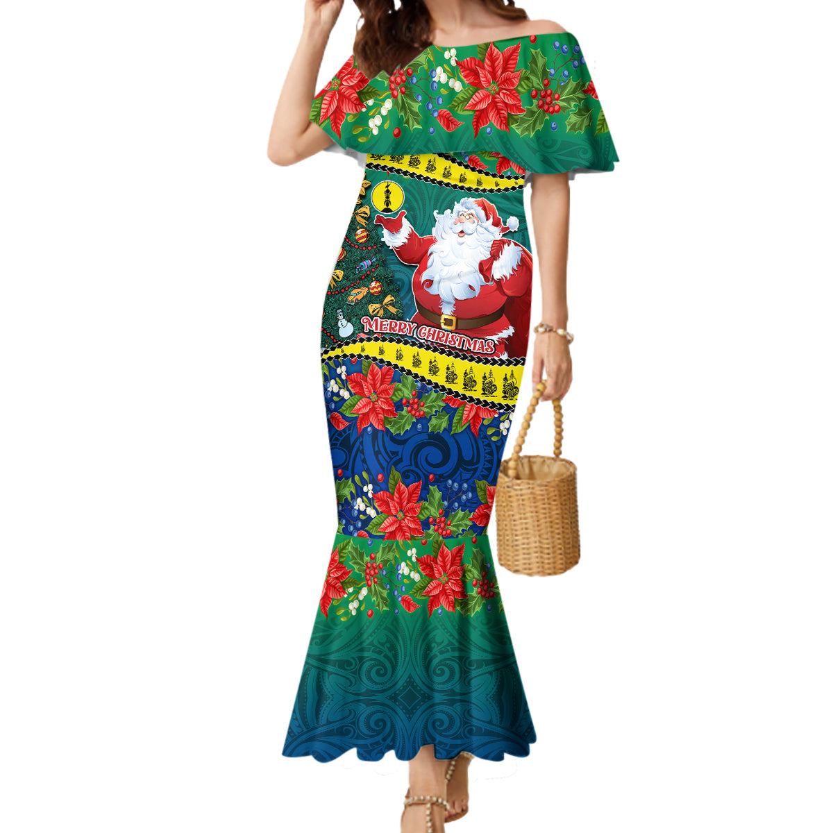 Personalised New Caledonia Christmas Mermaid Dress Santa Claus and Kanak Flag Mix Poinsettia Maori Pattern LT03 Women Green - Polynesian Pride