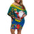 Personalised New Caledonia Christmas Off Shoulder Short Dress Santa Claus and Kanak Flag Mix Poinsettia Maori Pattern LT03 Women Green - Polynesian Pride