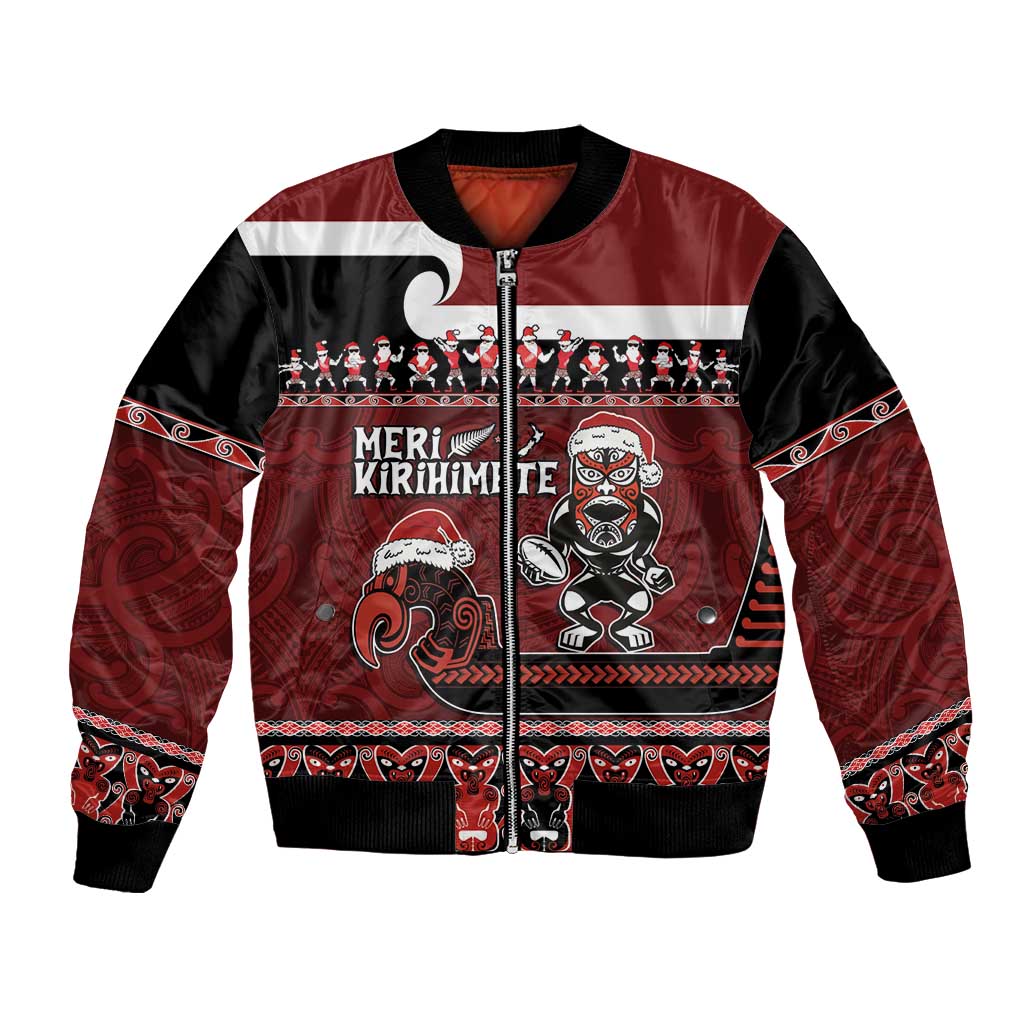 New Zealand Christmas Bomber Jacket Meri Kirihimete Aotearoa Warrior on Waka with Maori Art Tattoo LT03 Unisex Red - Polynesian Pride