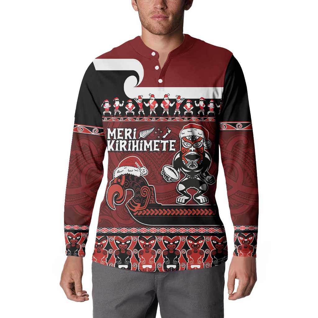 New Zealand Christmas Button Sweatshirt Meri Kirihimete Aotearoa Warrior on Waka with Maori Art Tattoo