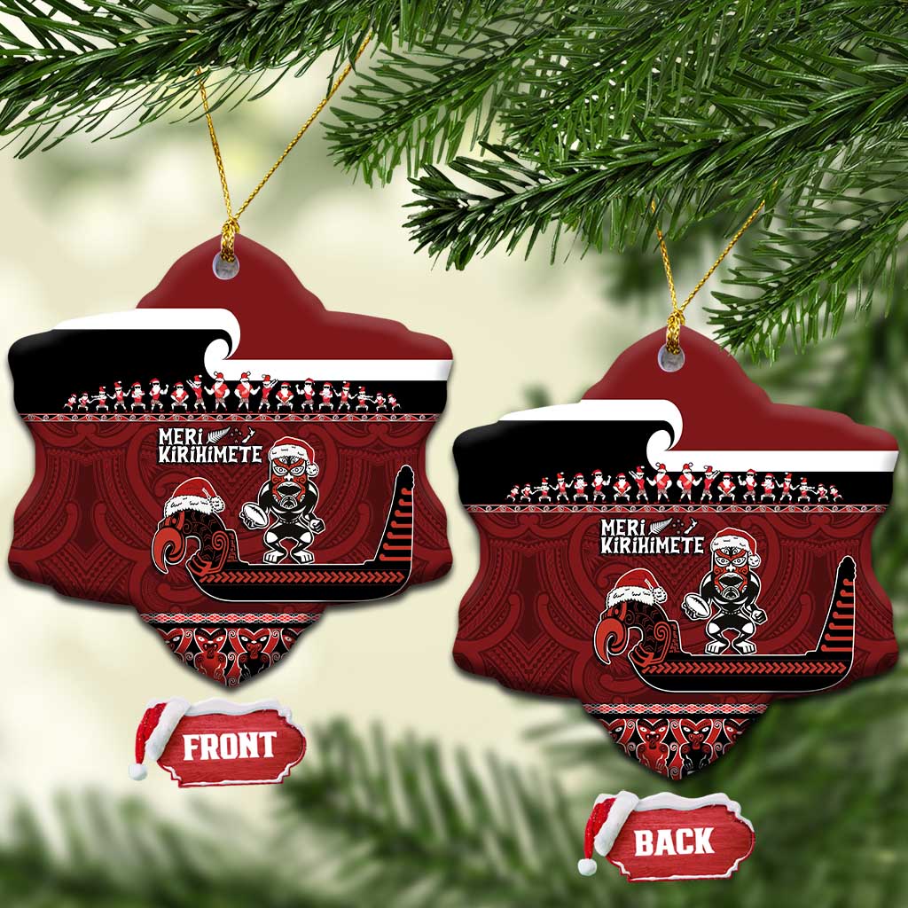 New Zealand Christmas Ceramic Ornament - Meri Kirihimete Aotearoa Warrior on Waka with Maori Art Tattoo