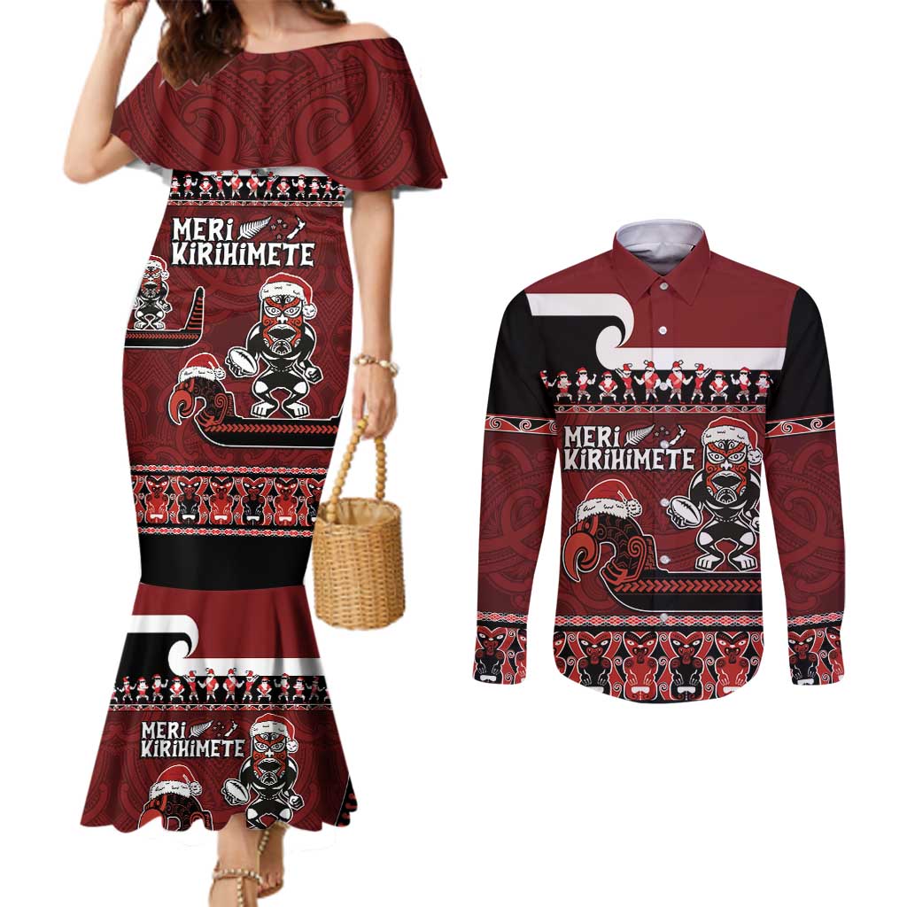 New Zealand Christmas Couples Matching Mermaid Dress and Long Sleeve Button Shirt Meri Kirihimete Aotearoa Warrior on Waka with Maori Art Tattoo LT03 Red - Polynesian Pride