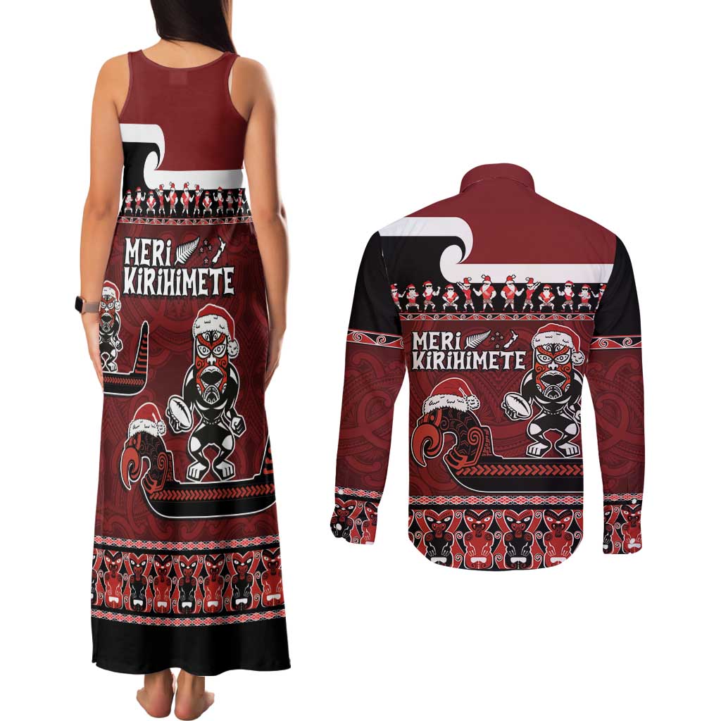 New Zealand Christmas Couples Matching Tank Maxi Dress and Long Sleeve Button Shirt Meri Kirihimete Aotearoa Warrior on Waka with Maori Art Tattoo
