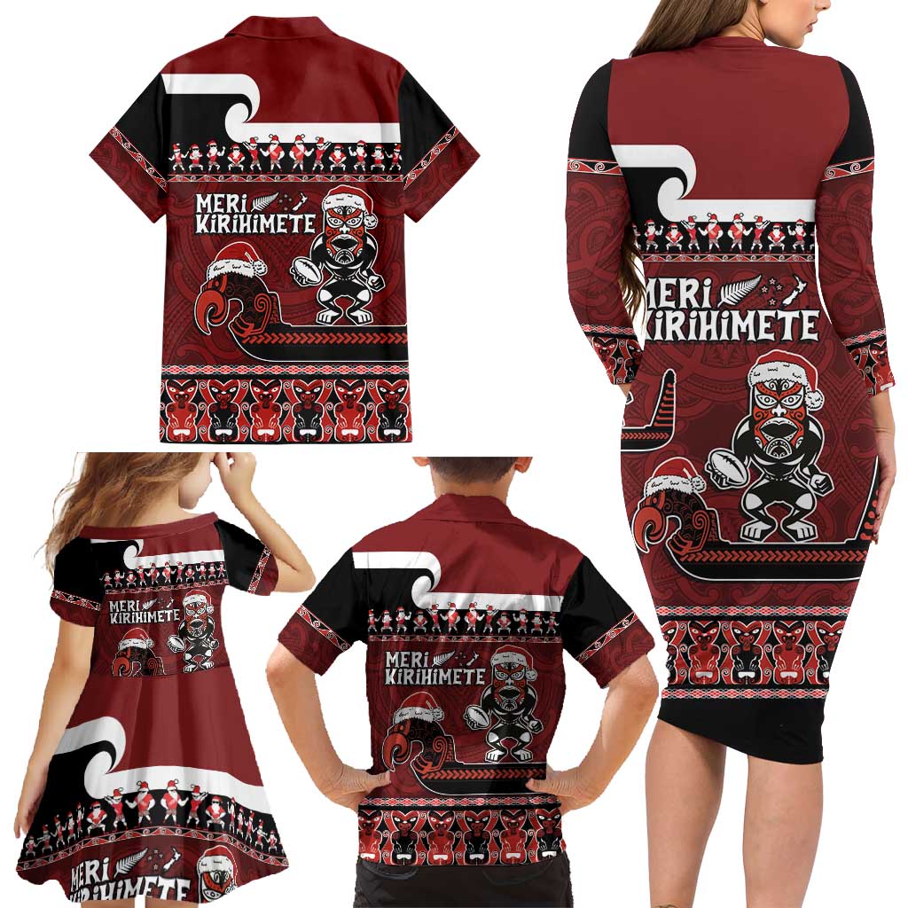 New Zealand Christmas Family Matching Long Sleeve Bodycon Dress and Hawaiian Shirt Meri Kirihimete Aotearoa Warrior on Waka with Maori Art Tattoo