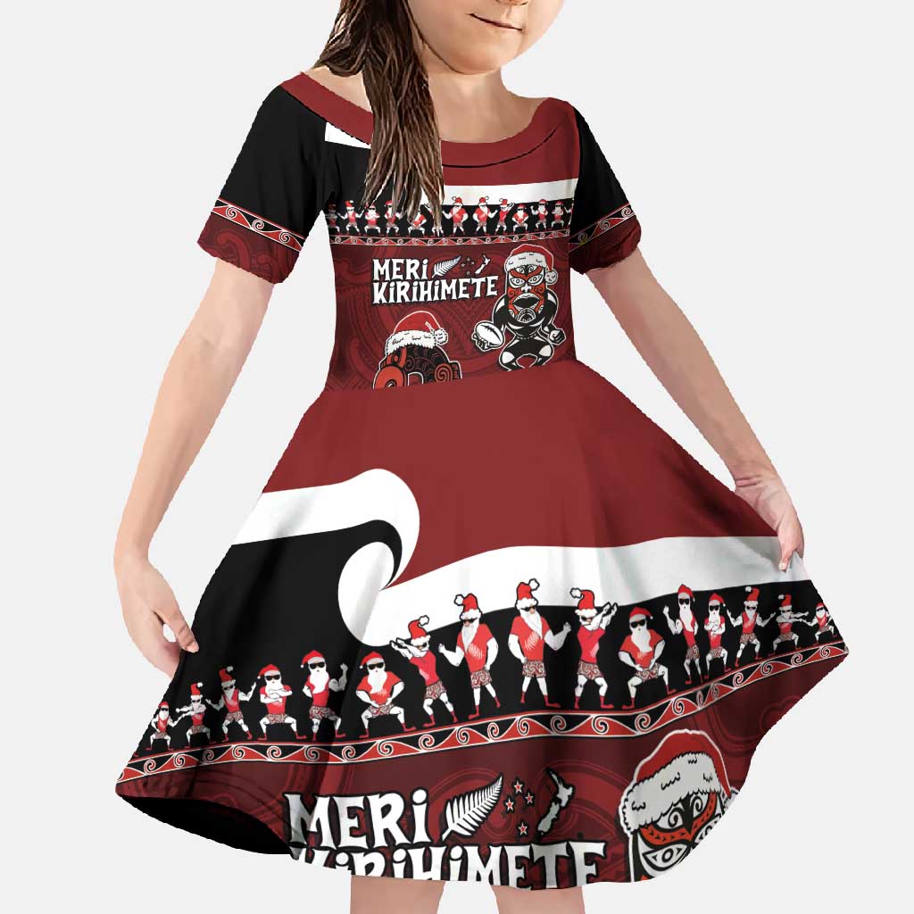 New Zealand Christmas Family Matching Mermaid Dress and Hawaiian Shirt Meri Kirihimete Aotearoa Warrior on Waka with Maori Art Tattoo LT03 Daughter's Dress Red - Polynesian Pride