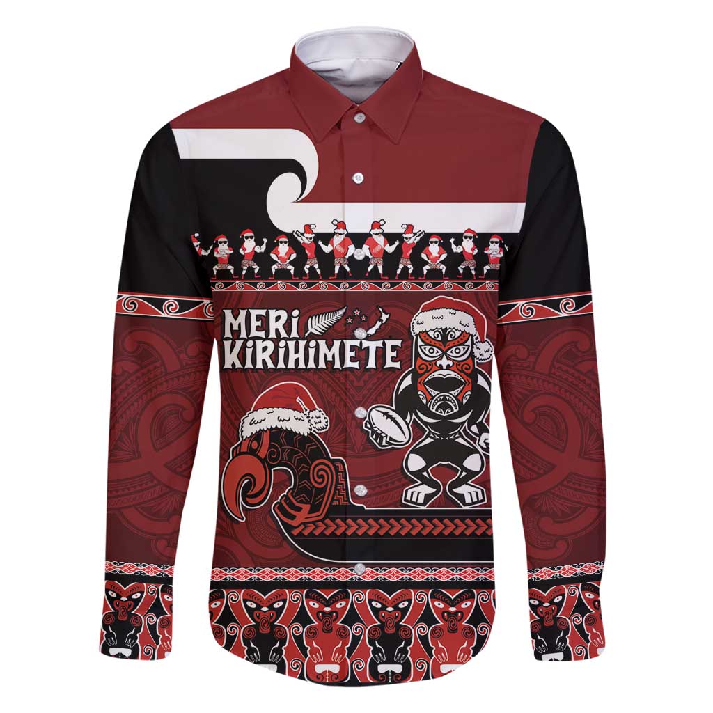 New Zealand Christmas Family Matching Mermaid Dress and Hawaiian Shirt Meri Kirihimete Aotearoa Warrior on Waka with Maori Art Tattoo LT03 Dad's Shirt - Long Sleeve Red - Polynesian Pride