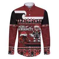 New Zealand Christmas Family Matching Mermaid Dress and Hawaiian Shirt Meri Kirihimete Aotearoa Warrior on Waka with Maori Art Tattoo LT03 Dad's Shirt - Long Sleeve Red - Polynesian Pride