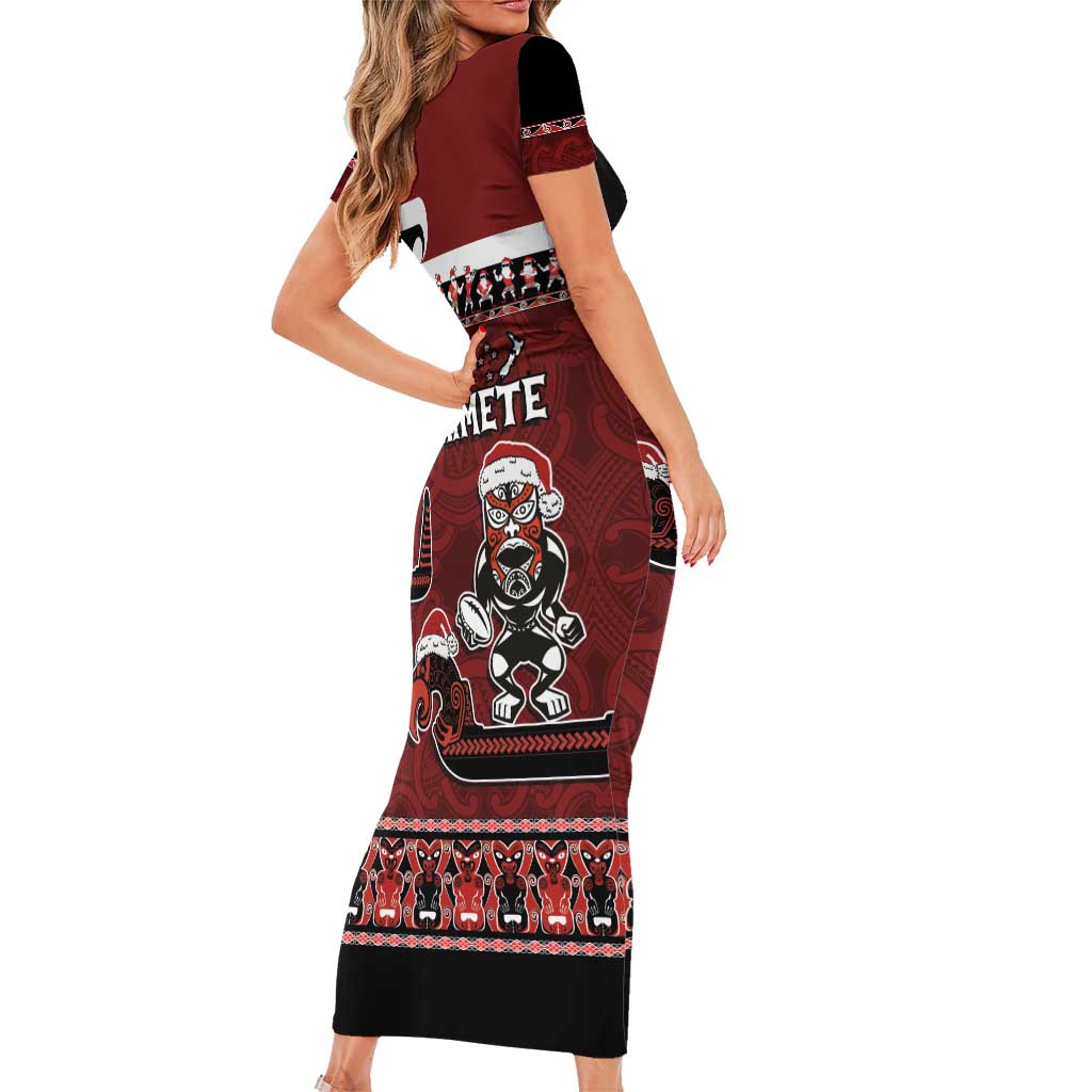 New Zealand Christmas Short Sleeve Bodycon Dress Meri Kirihimete Aotearoa Warrior on Waka with Maori Art Tattoo LT03 - Polynesian Pride