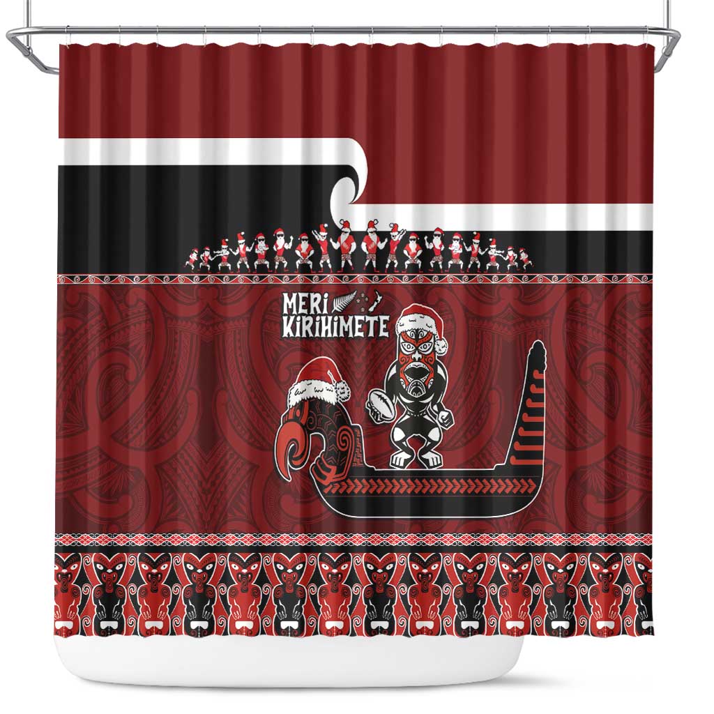 New Zealand Christmas Shower Curtain Meri Kirihimete Aotearoa Warrior on Waka with Maori Art Tattoo LT03 Red - Polynesian Pride