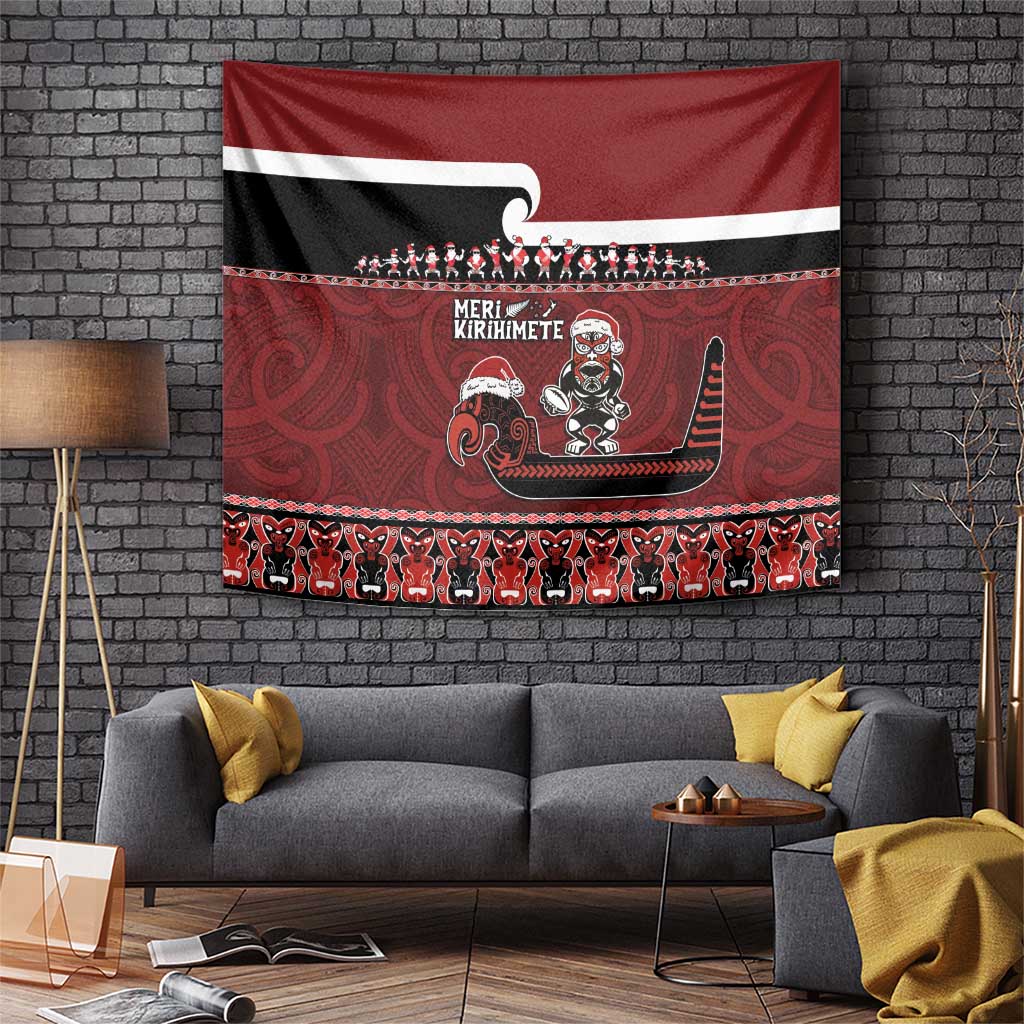 New Zealand Christmas Tapestry Meri Kirihimete Aotearoa Warrior on Waka with Maori Art Tattoo LT03 Red - Polynesian Pride