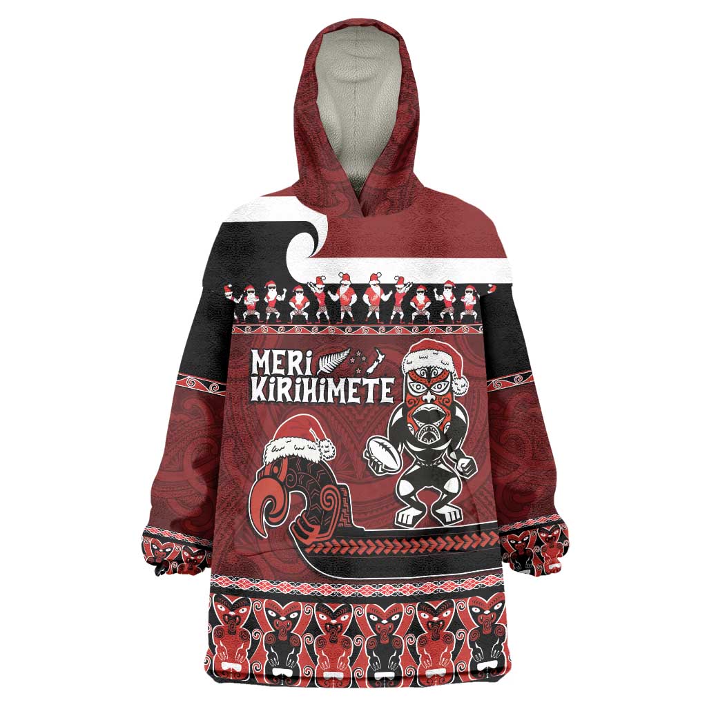 New Zealand Christmas Wearable Blanket Hoodie Meri Kirihimete Aotearoa Warrior on Waka with Maori Art Tattoo LT03 One Size Red - Polynesian Pride