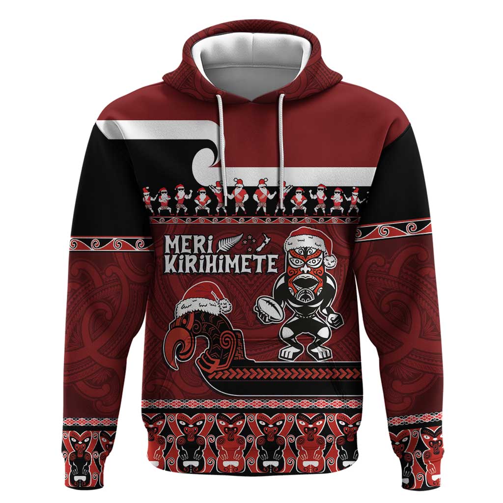 New Zealand Christmas Zip Hoodie Meri Kirihimete Aotearoa Warrior on Waka with Maori Art Tattoo LT03 Pullover Hoodie Red - Polynesian Pride