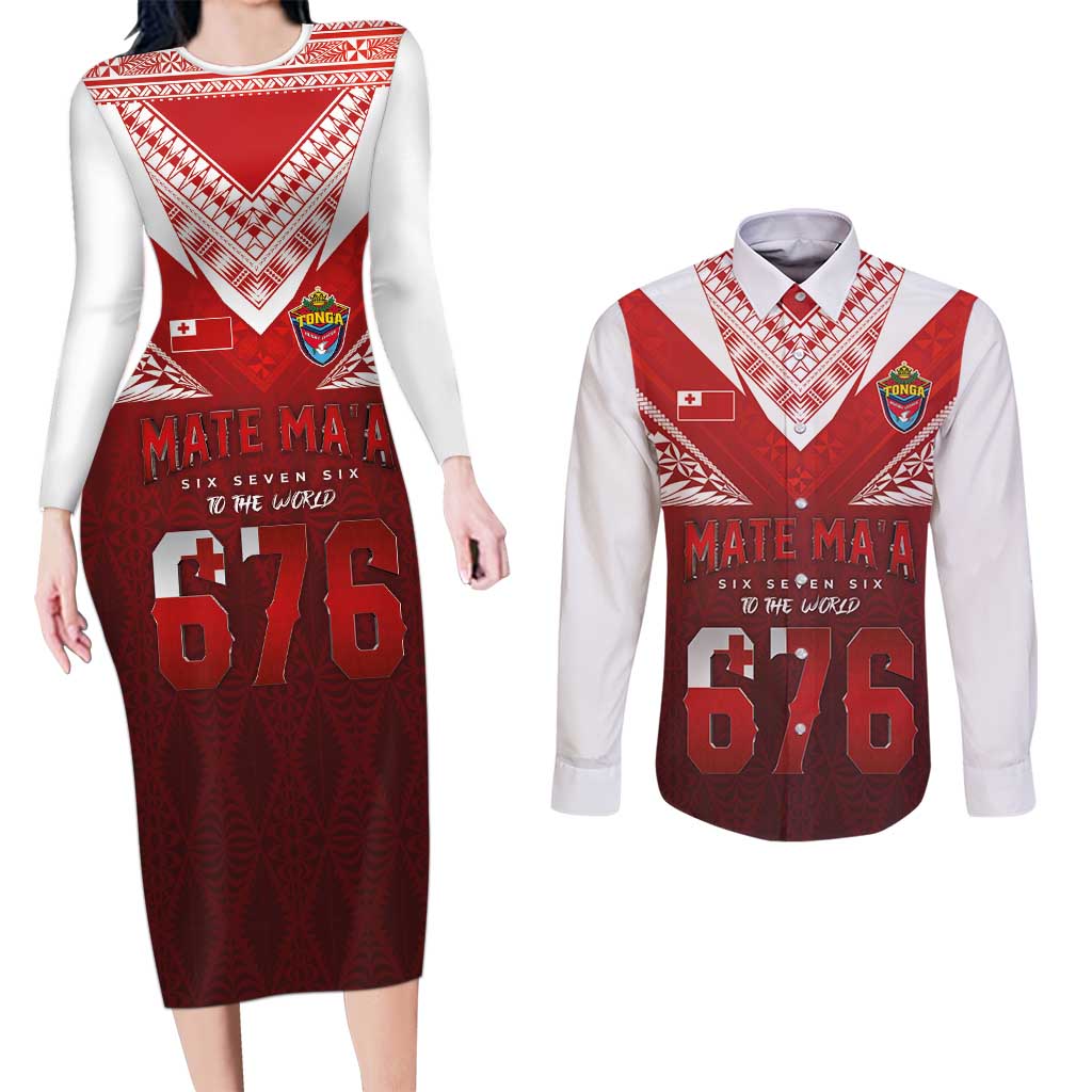 Mate Ma'a Tonga Rugby Couples Matching Long Sleeve Bodycon Dress and Long Sleeve Button Shirt Six Seven Six to The World LT03 Red - Polynesian Pride