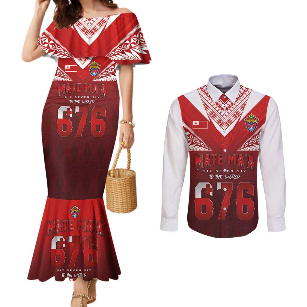 Mate Ma'a Tonga Rugby Couples Matching Mermaid Dress and Long Sleeve Button Shirt Six Seven Six to The World LT03 Red - Polynesian Pride