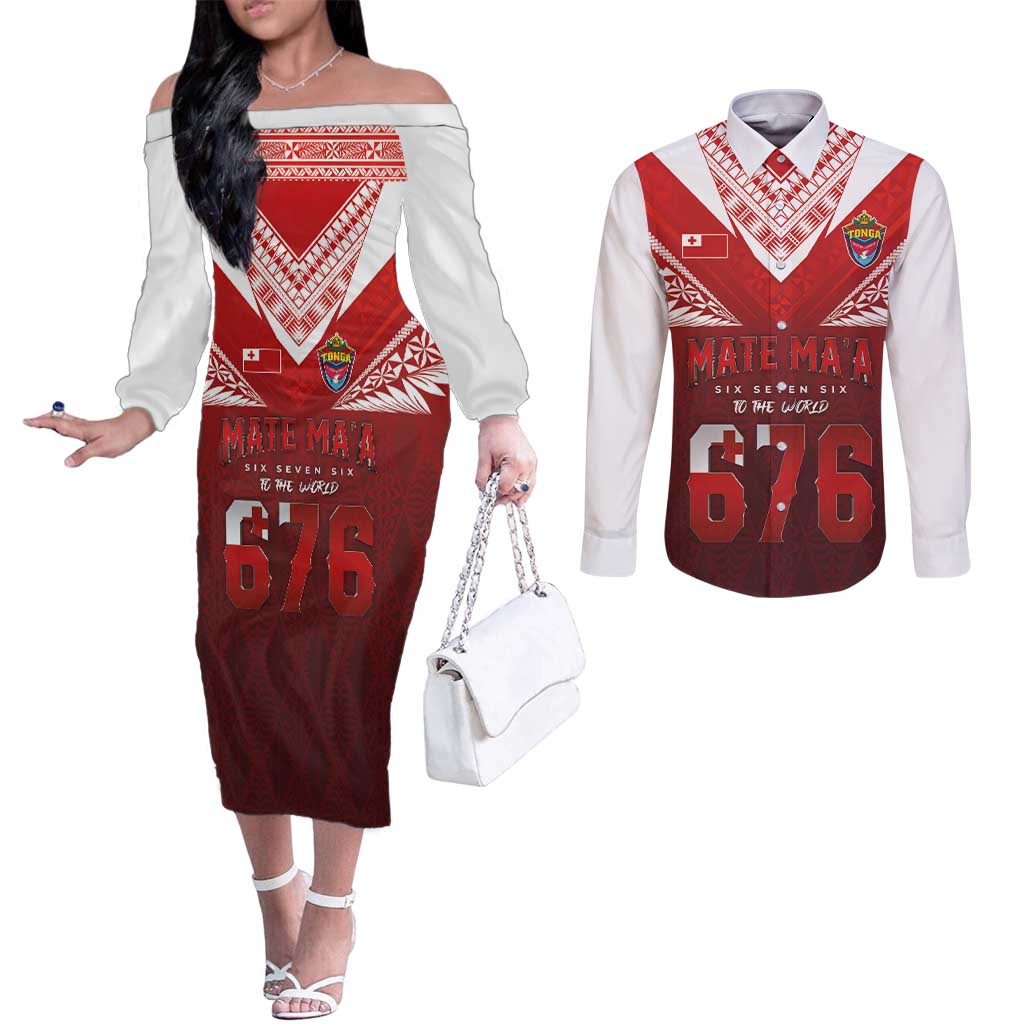 Mate Ma'a Tonga Rugby Couples Matching Off The Shoulder Long Sleeve Dress and Long Sleeve Button Shirt Six Seven Six to The World LT03 Red - Polynesian Pride