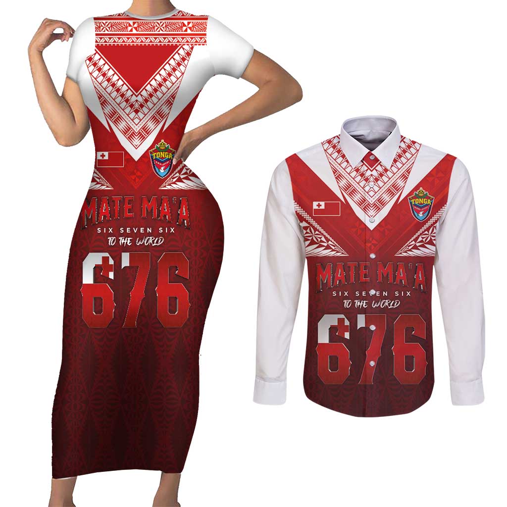 Mate Ma'a Tonga Rugby Couples Matching Short Sleeve Bodycon Dress and Long Sleeve Button Shirt Six Seven Six to The World LT03 Red - Polynesian Pride