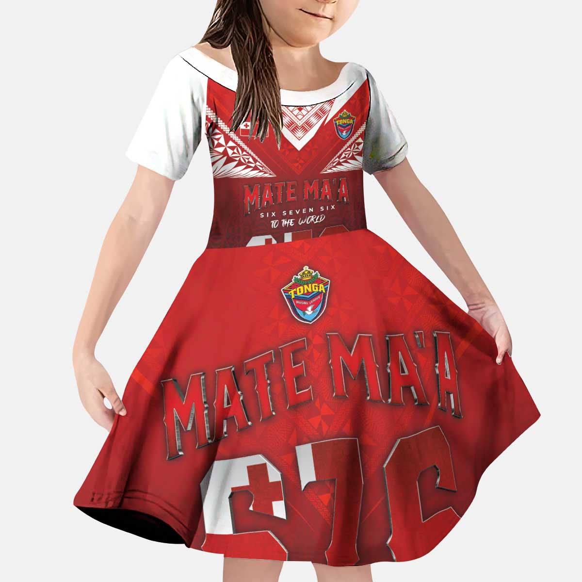 Mate Ma'a Tonga Rugby Kid Short Sleeve Dress Six Seven Six to The World LT03 KID Red - Polynesian Pride