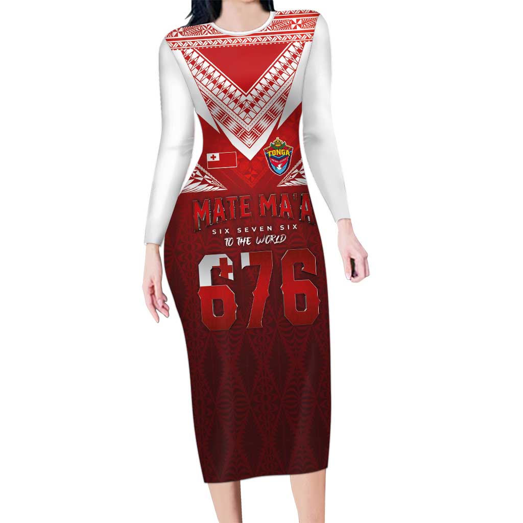Mate Ma'a Tonga Rugby Long Sleeve Bodycon Dress Six Seven Six to The World LT03 Long Dress Red - Polynesian Pride