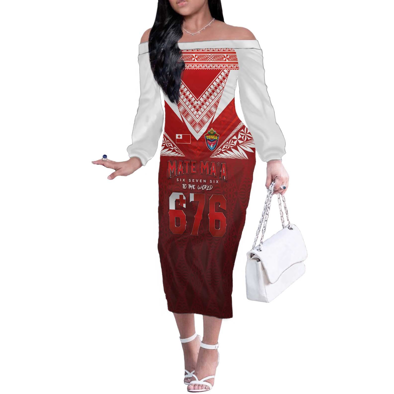 Mate Ma'a Tonga Rugby Off The Shoulder Long Sleeve Dress Six Seven Six to The World LT03 Women Red - Polynesian Pride