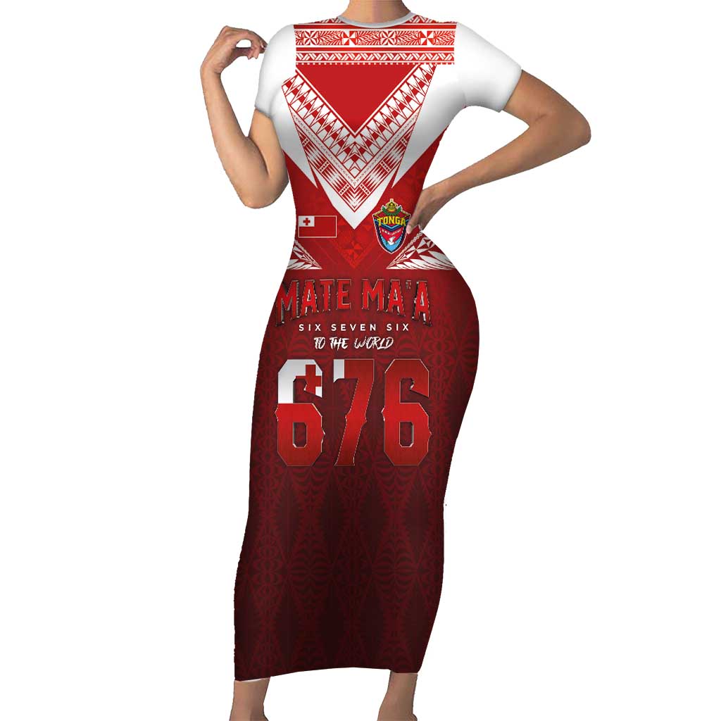 Mate Ma'a Tonga Rugby Short Sleeve Bodycon Dress Six Seven Six to The World LT03 Long Dress Red - Polynesian Pride