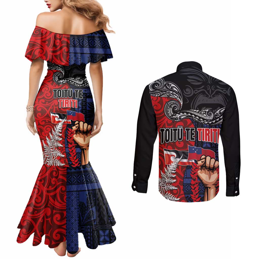 Aotearoa and Samoa Toitu Te Tiriti Couples Matching Mermaid Dress and Long Sleeve Button Shirt Honour the Treaty - Te Tiriti Is Us