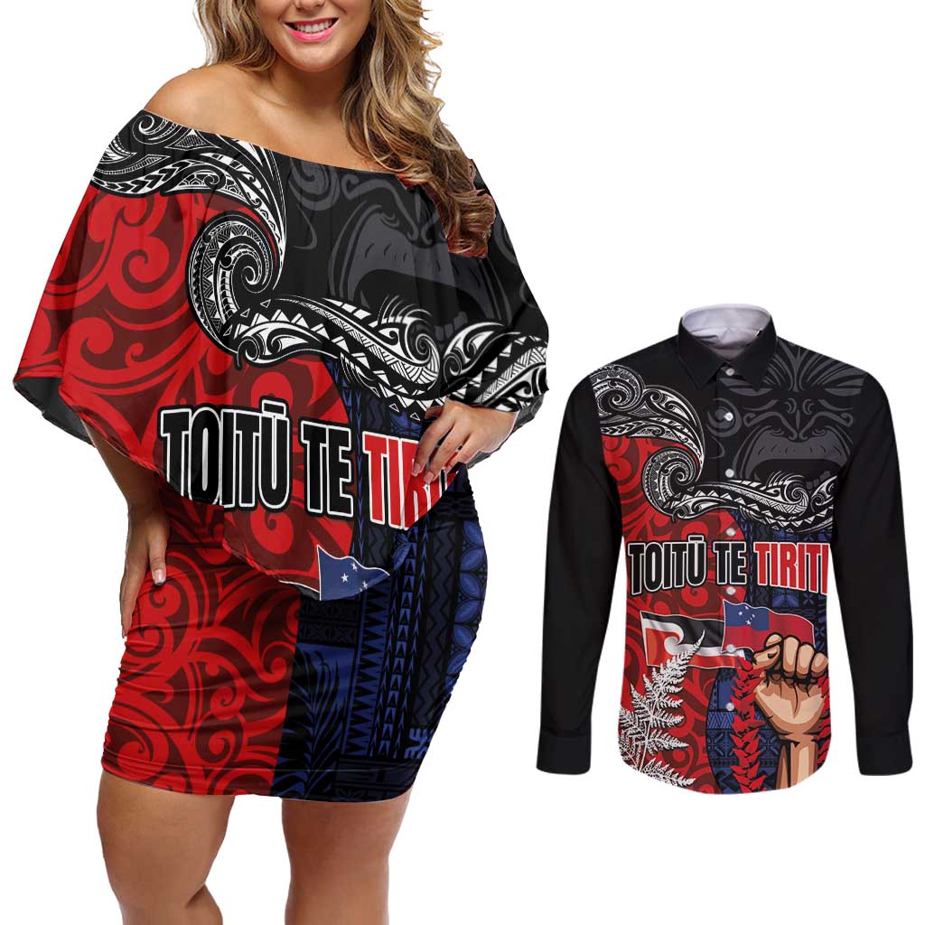 Aotearoa and Samoa Toitu Te Tiriti Couples Matching Off Shoulder Short Dress and Long Sleeve Button Shirt Honour the Treaty - Te Tiriti Is Us