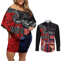 Aotearoa and Samoa Toitu Te Tiriti Couples Matching Off Shoulder Short Dress and Long Sleeve Button Shirt Honour the Treaty - Te Tiriti Is Us