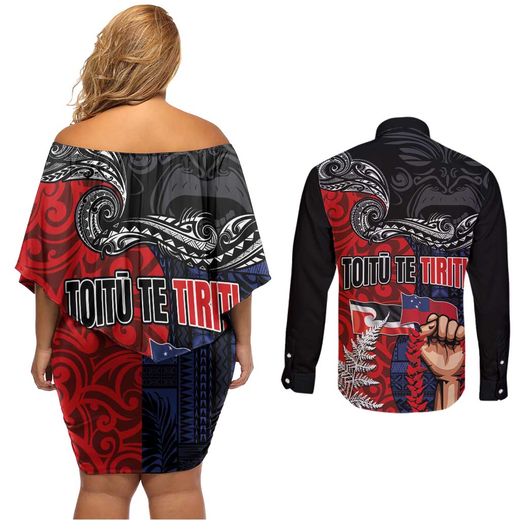 Aotearoa and Samoa Toitu Te Tiriti Couples Matching Off Shoulder Short Dress and Long Sleeve Button Shirt Honour the Treaty - Te Tiriti Is Us