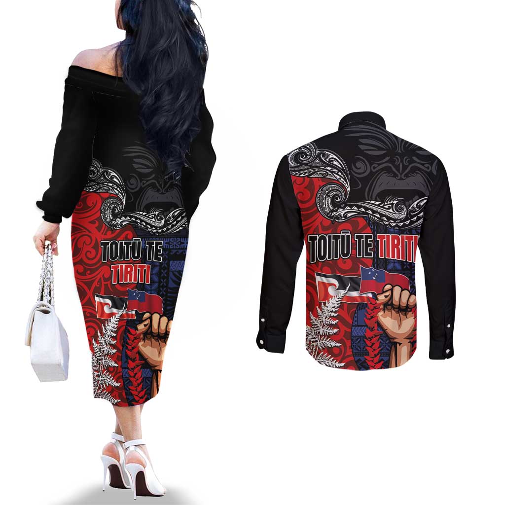 Aotearoa and Samoa Toitu Te Tiriti Couples Matching Off The Shoulder Long Sleeve Dress and Long Sleeve Button Shirt Honour the Treaty - Te Tiriti Is Us
