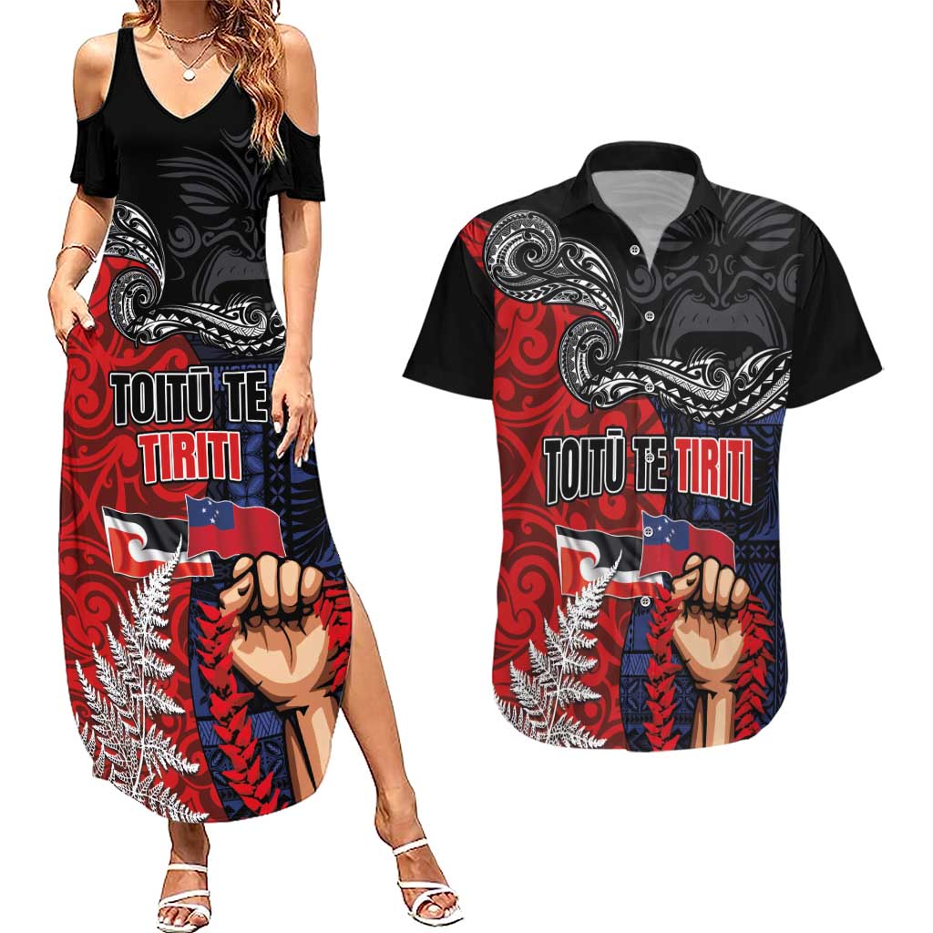 Aotearoa and Samoa Toitu Te Tiriti Couples Matching Summer Maxi Dress and Hawaiian Shirt Honour the Treaty - Te Tiriti Is Us