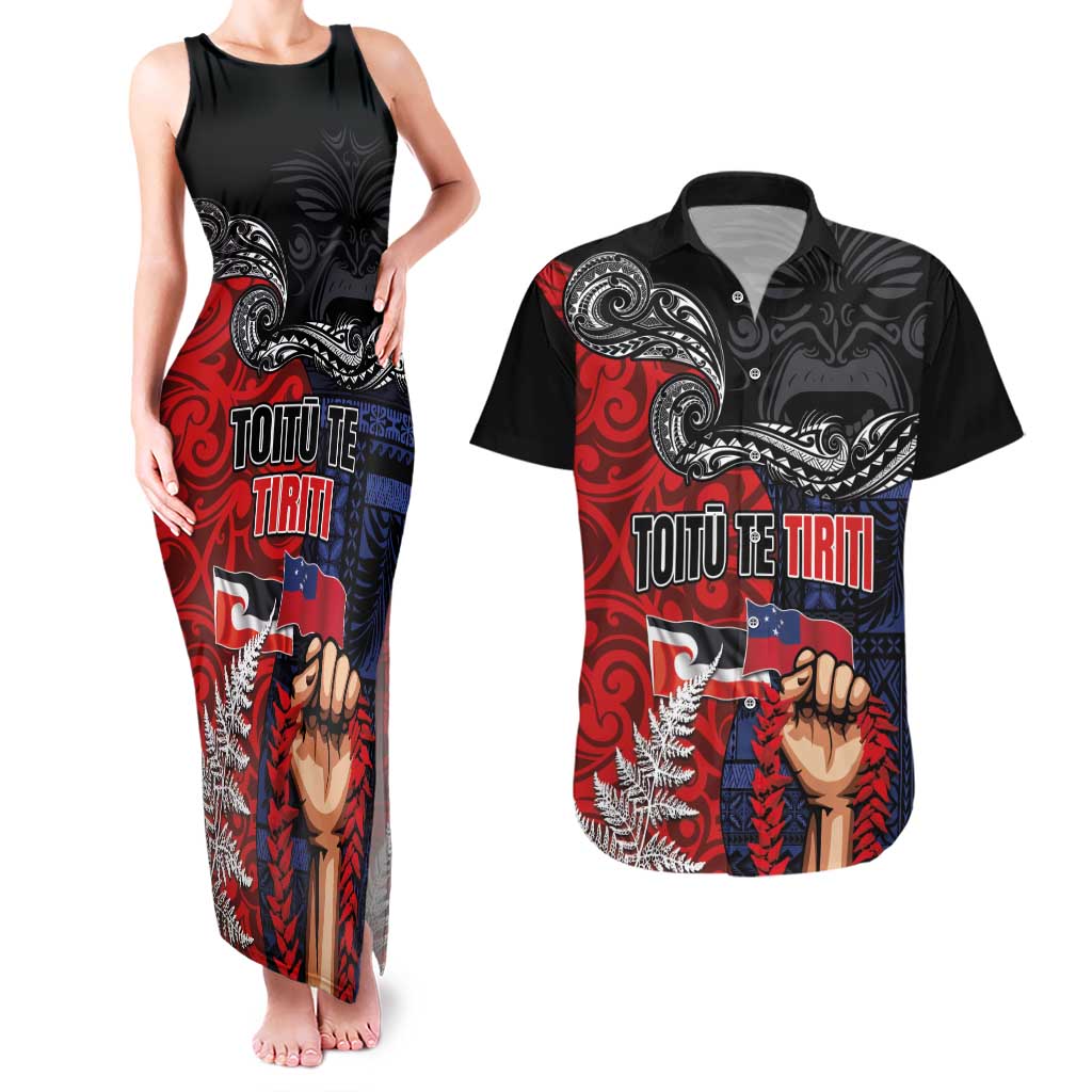 Aotearoa and Samoa Toitu Te Tiriti Couples Matching Tank Maxi Dress and Hawaiian Shirt Honour the Treaty - Te Tiriti Is Us