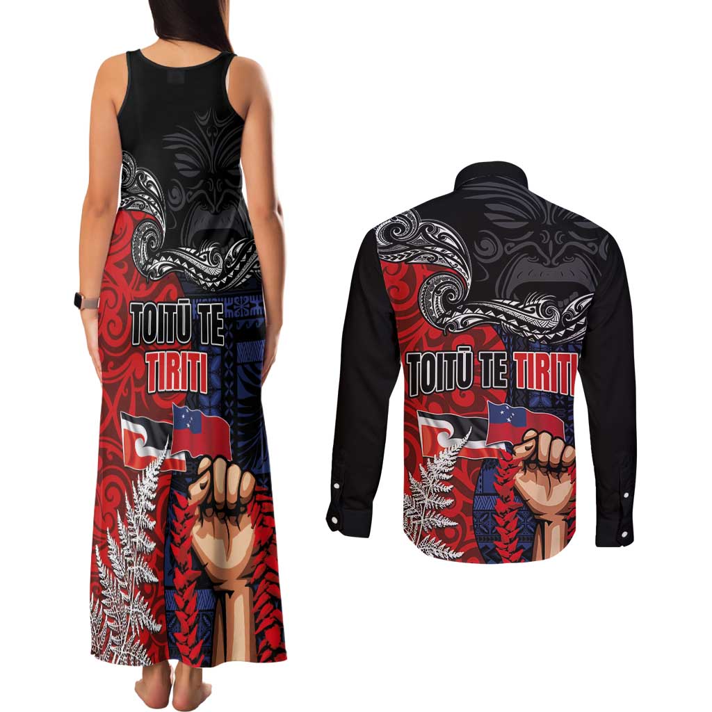 Aotearoa and Samoa Toitu Te Tiriti Couples Matching Tank Maxi Dress and Long Sleeve Button Shirt Honour the Treaty - Te Tiriti Is Us
