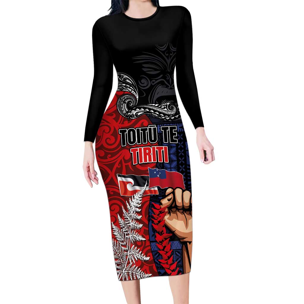 Aotearoa and Samoa Toitu Te Tiriti Family Matching Long Sleeve Bodycon Dress and Hawaiian Shirt Honour the Treaty - Te Tiriti Is Us