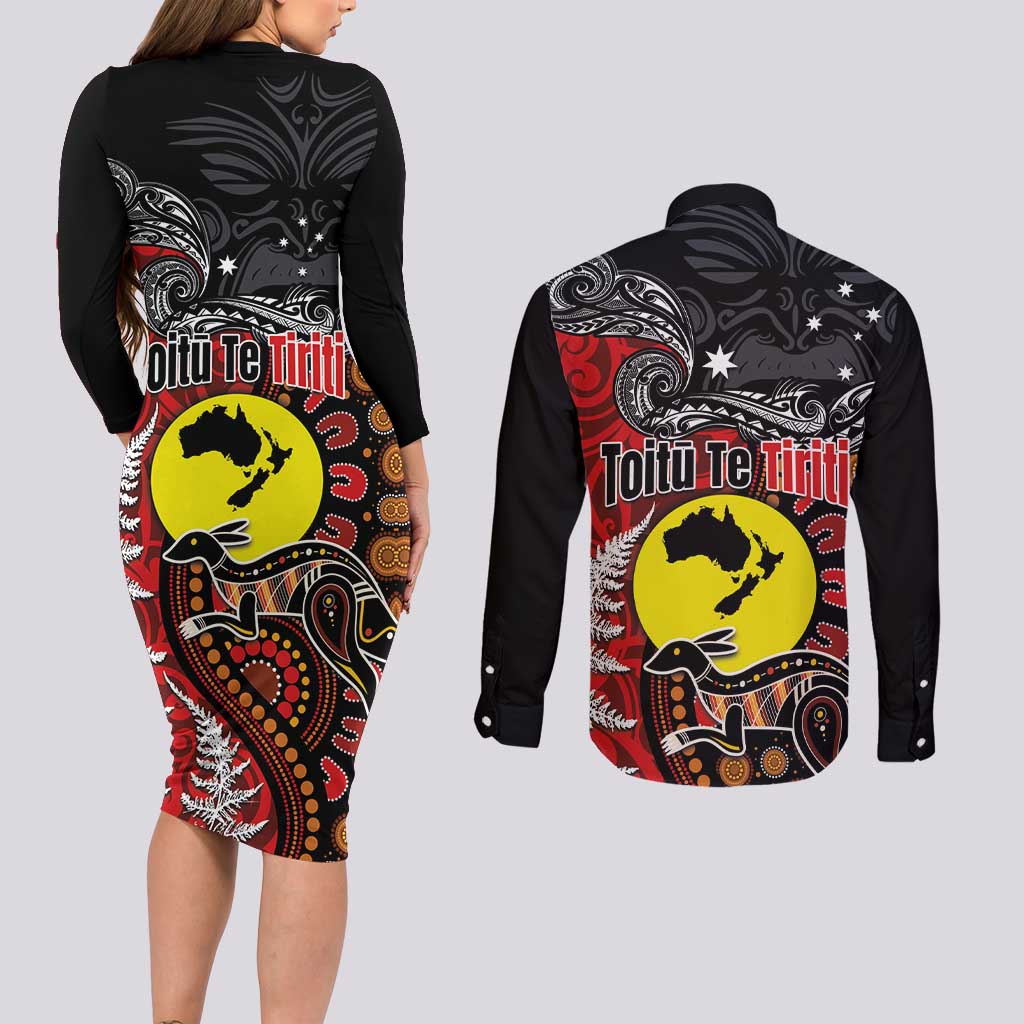 Aotearoa and Australia Toitu Te Tiriti Couples Matching Long Sleeve Bodycon Dress and Long Sleeve Button Shirt Honour the Treaty - Te Tiriti Is Us