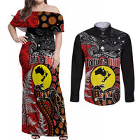 Aotearoa and Australia Toitu Te Tiriti Couples Matching Off Shoulder Maxi Dress and Long Sleeve Button Shirt Honour the Treaty - Te Tiriti Is Us