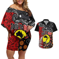 Aotearoa and Australia Toitu Te Tiriti Couples Matching Off Shoulder Short Dress and Hawaiian Shirt Honour the Treaty - Te Tiriti Is Us