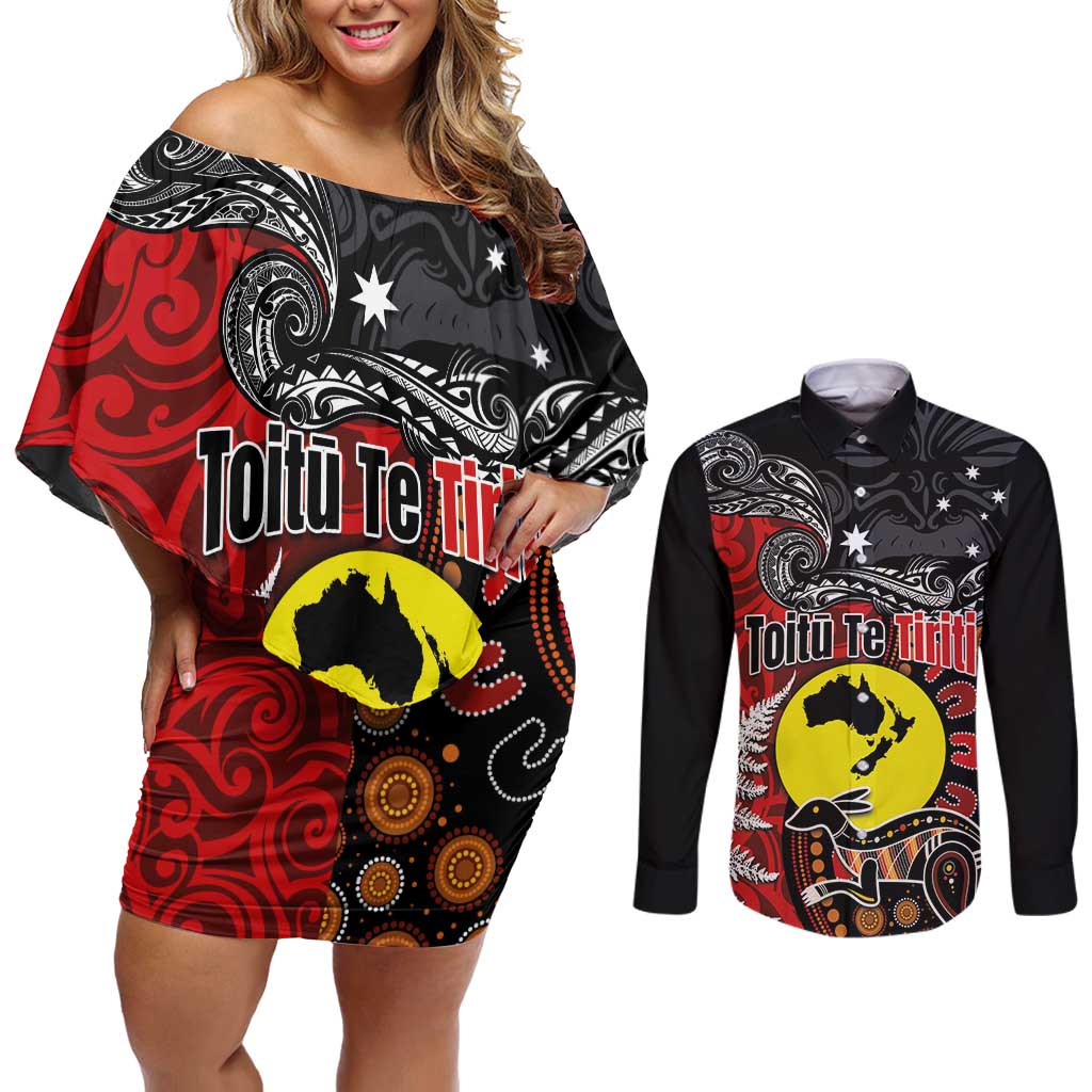 Aotearoa and Australia Toitu Te Tiriti Couples Matching Off Shoulder Short Dress and Long Sleeve Button Shirt Honour the Treaty - Te Tiriti Is Us